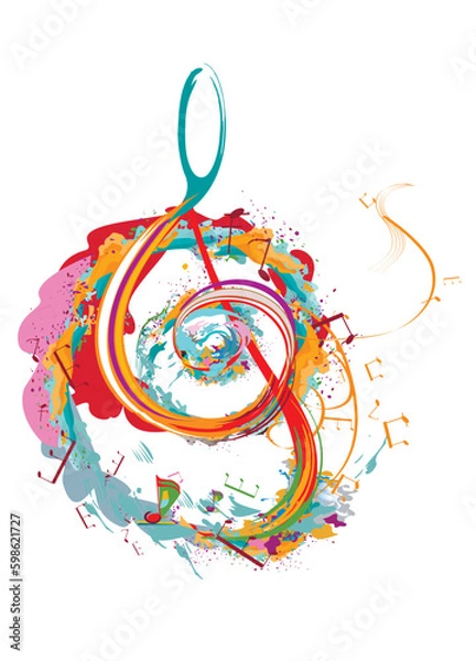 Obraz Abstract musical design with a treble clef and colorful splashes, notes and waves.  Colorful treble clef. Hand drawn vector illustration.