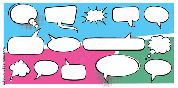 Fototapeta Retro empty comic speech bubbles set with black halftone shadows. Vintage design, pop art style - stock vector.