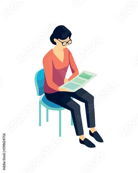 Fototapeta One person sitting, reading a book happily Generative AI