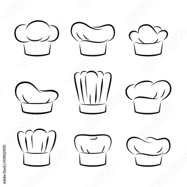 Obraz Chef hat line art set vector isolated on white background. Chef toques and hats set in sketch style. For cafe, restaurant or menu design