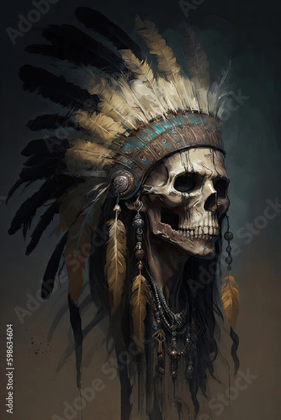Obraz Indian skull with feathered headdress. Digital painting style. Generative ai.