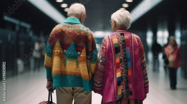 Obraz rear view of an elderly gray-haired couple, a man and a woman, walking at the train station or airport. family travel concept. day of parents, grandparents. Generative AI Generative AI