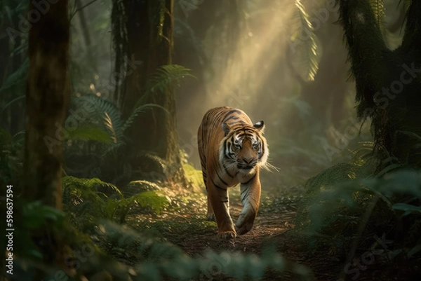 Obraz Majestic Tiger in Motion. Breathtaking scene of a Bengal Tiger running through a sun-kissed jungle with a lush green forest in the background. Wildlife concept AI Generative