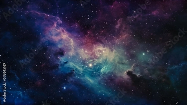 Fototapeta Realistic beautiful endless expanses of eternal space created with the help of artificial intelligence. Pleasant blue shades with purple and pink tints decorated with bright stars.