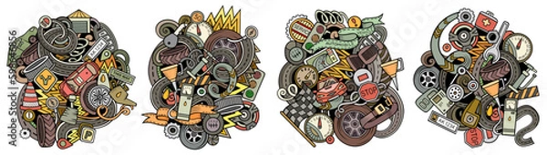 Fototapeta Auto service cartoon vector doodle designs set.