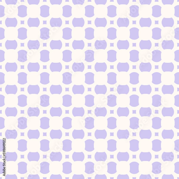 Fototapeta Simple vector geometric seamless pattern with small rounded shapes, flower silhouettes, squares, grid. Abstract white and lilac minimal ornament texture. Elegant repeated minimalist graphic background