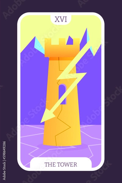 Fototapeta The tower tarot cartoon flat card template major arcana. Taro vector illustration spiritual signs with esoteric magic and astrology symbols. Isolated colored graphic. Witchcraft concept EPS