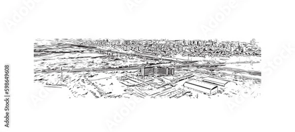 Fototapeta Building view with landmark of  Rishon Lezion is a city in Israel. Hand drawn sketch illustration in vector.