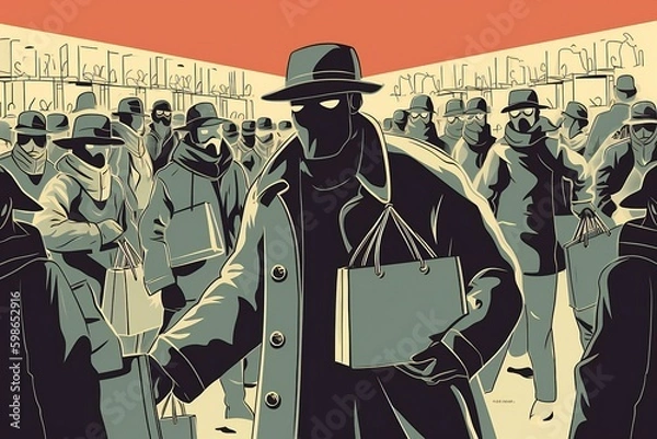 Fototapeta Retail shoplifting illustration concept. Thief, shoplifter. Looters stealing things. Generative AI