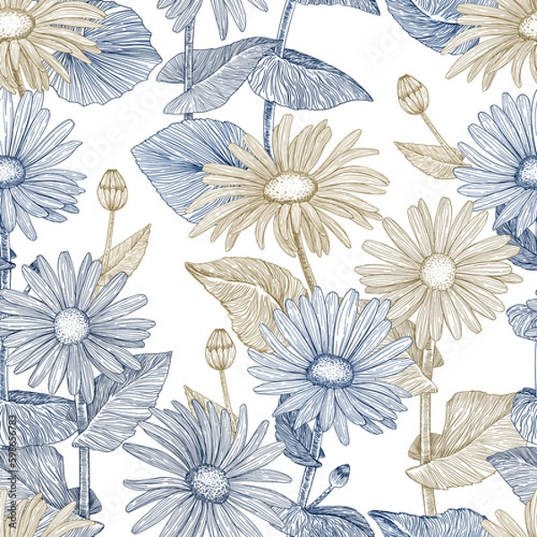 Fototapeta  Floral seamless pattern. Background with daisies. Hand-drawn. Graphics. Engraving