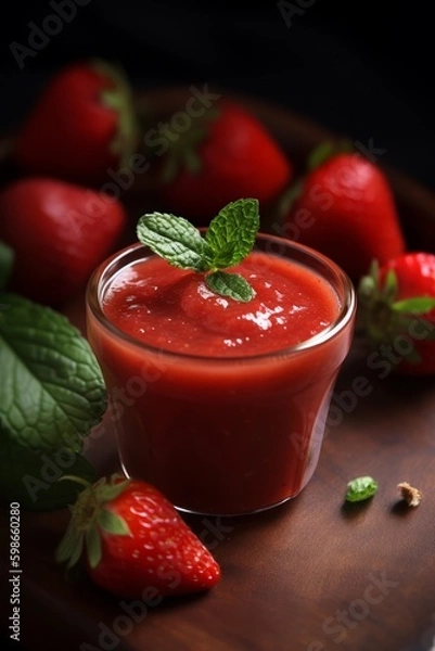 Fototapeta Strawberry puree, a fresh and healthy snack, generated with AI