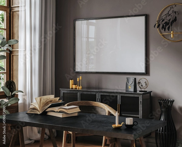Fototapeta Mockup frame in home office interior background, 3d render