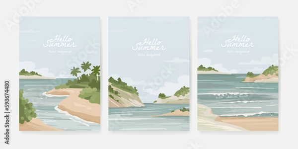 Fototapeta Set of beautiful banner, poster or greeting card design template with sandy summer beach. Set of nature landscape background. Vector illustration