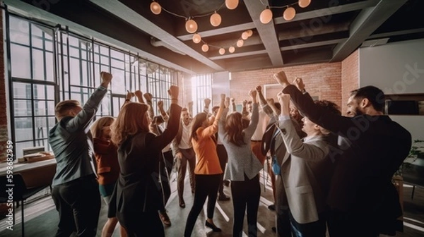 Fototapeta A dynamic photo of a diverse team of business professionals celebrating their success with high fives and fist bumps in a bright and modern office space. Generative AI