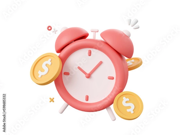 Obraz 3d cartoon design illustration of alarm clock with dollar coin, Investment and savings concept.