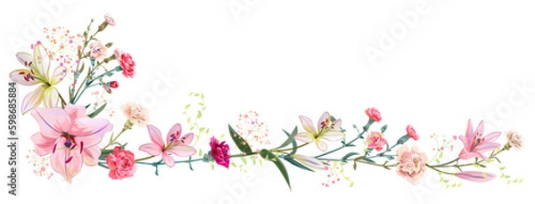 Obraz Panoramic view: bouquet of carnation, lilies, spring blossom. Horizontal border for Mothers Day or wedding invitation. Gentle realistic  in watercolor style on white background. Vector