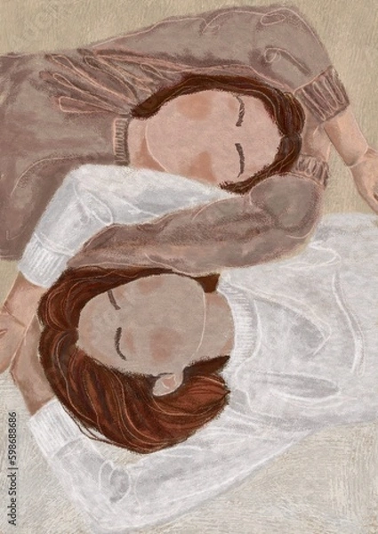 Obraz Sisterhood. Two abstract women are laying together. Abstract boho poster. Bohemian art print. Modern contemporary illustration for a poster or postcard