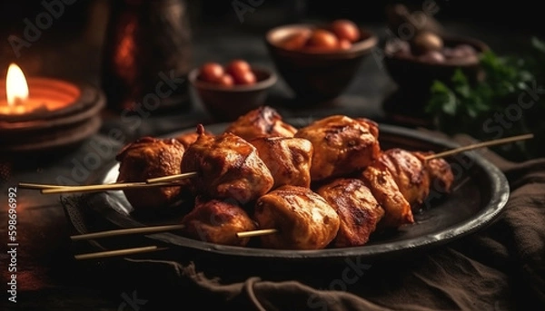 Fototapeta Grilled skewers of meat, veggies, and spice generated by AI