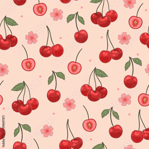 Fototapeta Seamless pattern with cherries and flowers. Vector graphics.