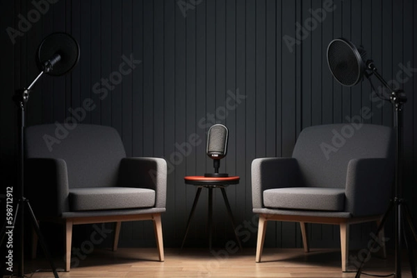 Fototapeta Two chairs and microphones in podcast or interview room on dark background, banner for media conversations or podcast streamers concepts with copyspace