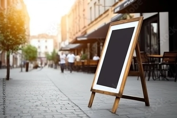 Fototapeta Blank restaurant shop sign or menu boards. Generative ai. Paris, Buenos Aires streets. Generative ai