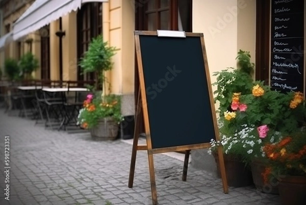 Fototapeta Blank restaurant shop sign or menu boards. Generative ai. Paris, Buenos Aires streets. Generative ai
