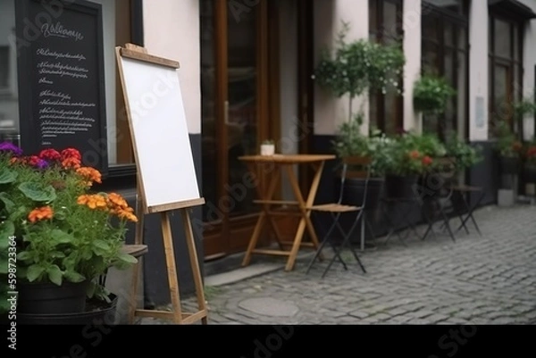 Fototapeta Blank restaurant shop sign or menu boards. Generative ai. Paris, Buenos Aires streets. Generative ai