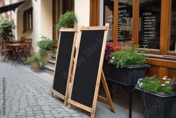 Fototapeta Blank restaurant shop sign or menu boards. Generative ai. Paris, Buenos Aires streets. Generative ai
