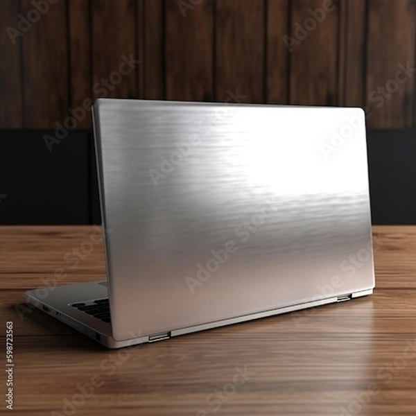 Fototapeta Mockup laptop.  Silver back, cafeteria background. Co-working site.  