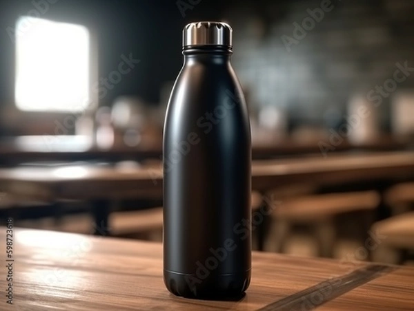 Fototapeta Water bottle mockup on the table of caffeteria. Coffe, watter, generative ai, mockup.