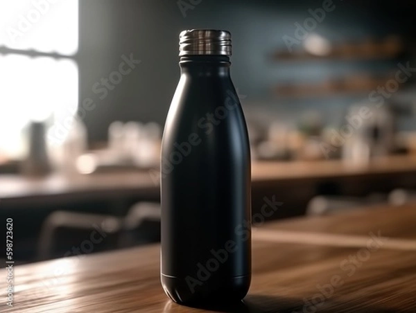 Fototapeta Water bottle mockup on the table of caffeteria. Coffe, watter, generative ai, mockup.