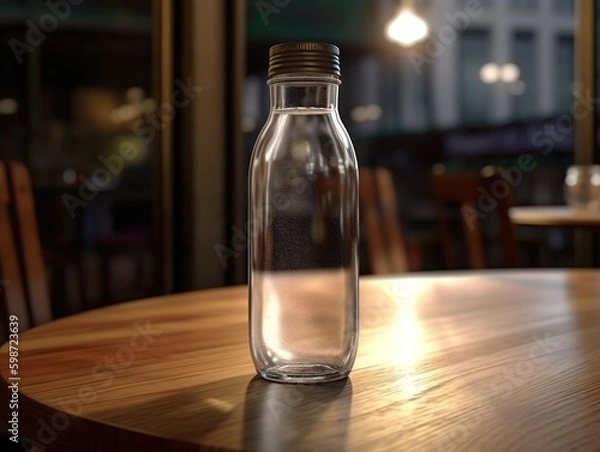 Fototapeta Water bottle mockup on the table of caffeteria. Coffe, watter, generative ai, mockup.