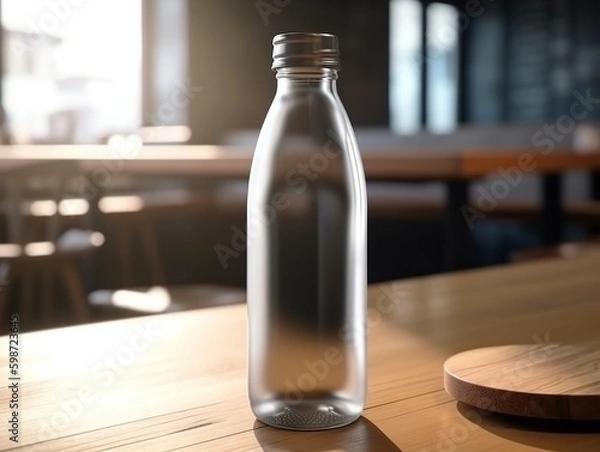 Fototapeta Water bottle mockup on the table of caffeteria. Coffe, watter, generative ai, mockup.