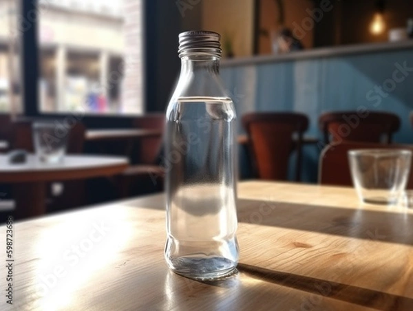 Fototapeta Water bottle mockup on the table of caffeteria. Coffe, watter, generative ai, mockup.