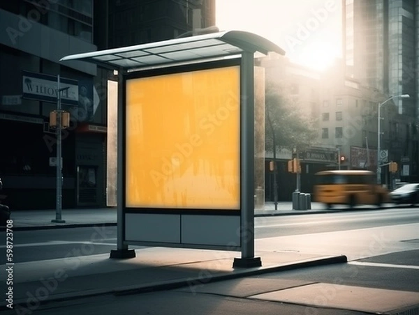 Fototapeta Vertical blank yellow billboard. Bus_stop on New York city. Generative ai. City, billboard, advertsign. 