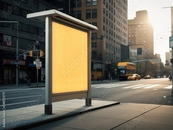 Fototapeta Vertical blank yellow billboard. Bus_stop on New York city. Generative ai. City, billboard, advertsign. 