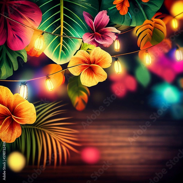 Fototapeta Havana nights colorful tropical party or luau graphic with glowing party lights