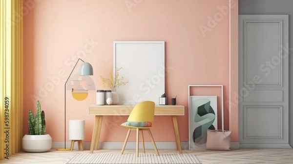 Fototapeta Cozy workplace interior at home with frame mockup. Generative Ai