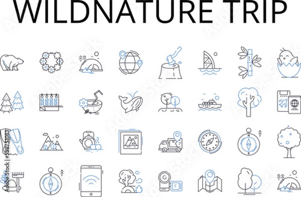 Fototapeta Wildnature trip line icons collection. Grand adventure, Daring endeavor, Bold expedition, Thrilling escapade, Intrepid voyage, Exciting journey, Epic odyssey vector and linear Generative AI