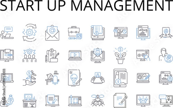 Fototapeta Start up management line icons collection. Business leadership, Enterprise governance, Firm oversight, Corporation direction, Establishment management, Company supervision, Venture Generative AI