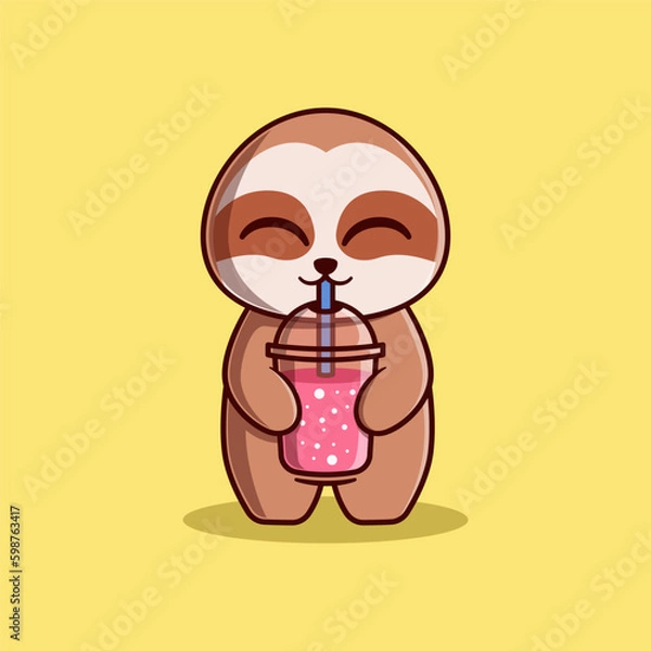 Obraz Vector Cute Sloth Drinking Smoothie Illustration. Kawaii Animal Cartoon Character Design For Banner, Poster, Icon, and Mascot