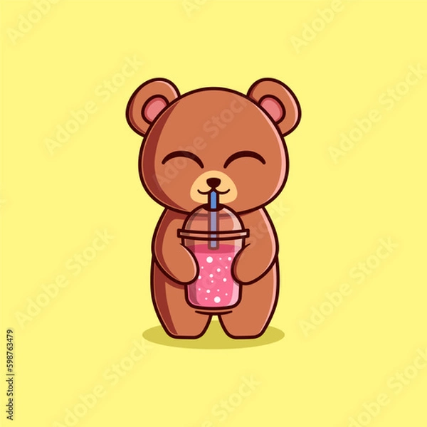 Obraz Vector Cute Bear Drinking Smoothie Illustration. Kawaii Animal Cartoon Character Design For Banner, Poster, Icon, and Mascot