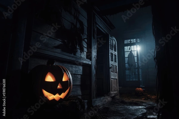 Fototapeta Haunted House with pumpkin and Full Moon in the background Generative AI