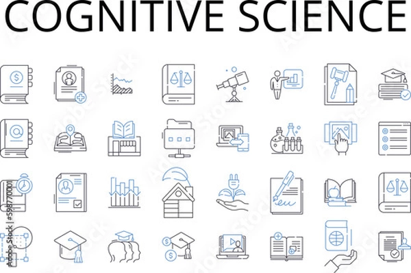 Fototapeta Cognitive science line icons collection. Quantum physics, Social psychology, Linguistic analysis, Cyber security, Data analytics, Environmental science, Digital marketing vector and Generative AI