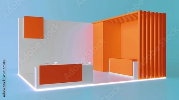 Fototapeta Empty stand or booth in a tradeshow. 3d render exhibition mockup. Virtual exhibition. Exhibition orange and white stand mockup and flat used for branding and Corporate identity.