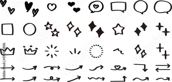 Obraz イラスト素材：かわいい手書きのあしらいセット　ベクター　黒　矢印　ふきだし