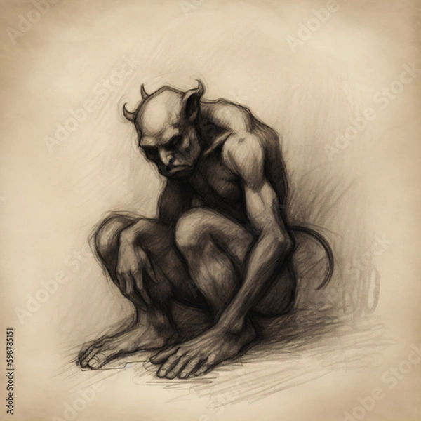 Fototapeta A drawing of a demon sitting on the ground Generative Ai
