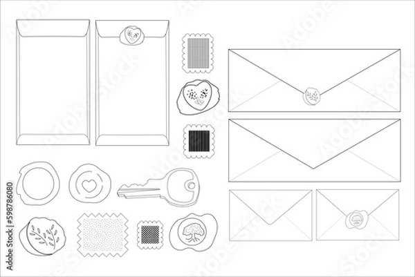 Obraz Set of 16 mail elements. Envelopes, stamps, wax seals, one key. Vintage post office mail vectors. Miscellaneous.