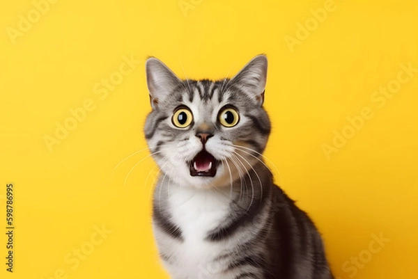 Fototapeta A Shocked cute small cat with yellow eyes facing camera open mouth, Shocked cat, Portrait of Cat, Worried Cat created with generative ai
