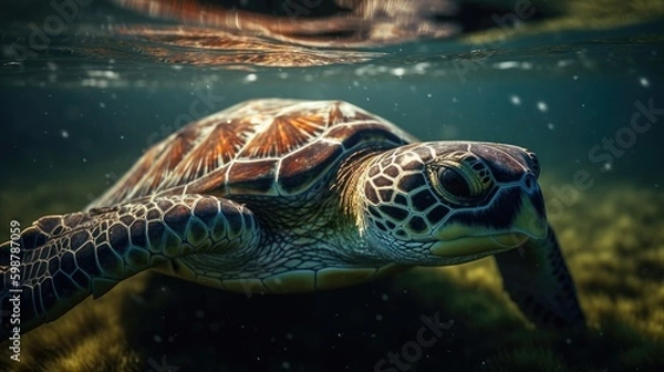 Fototapeta Close Up Realistic Sea Turtle Swimming in Ocean Created with Generative AI